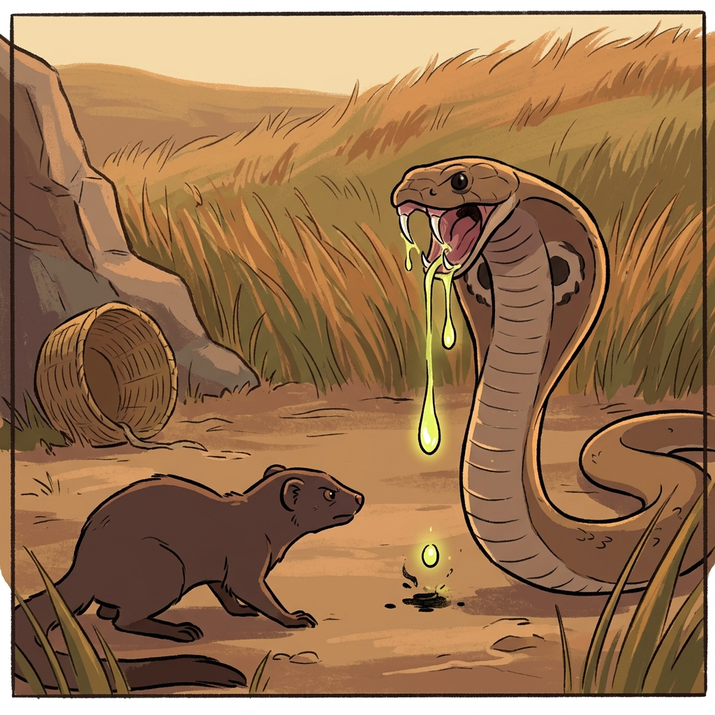 The cobra's venom drips from its fangs as it strikes at the mongoose.