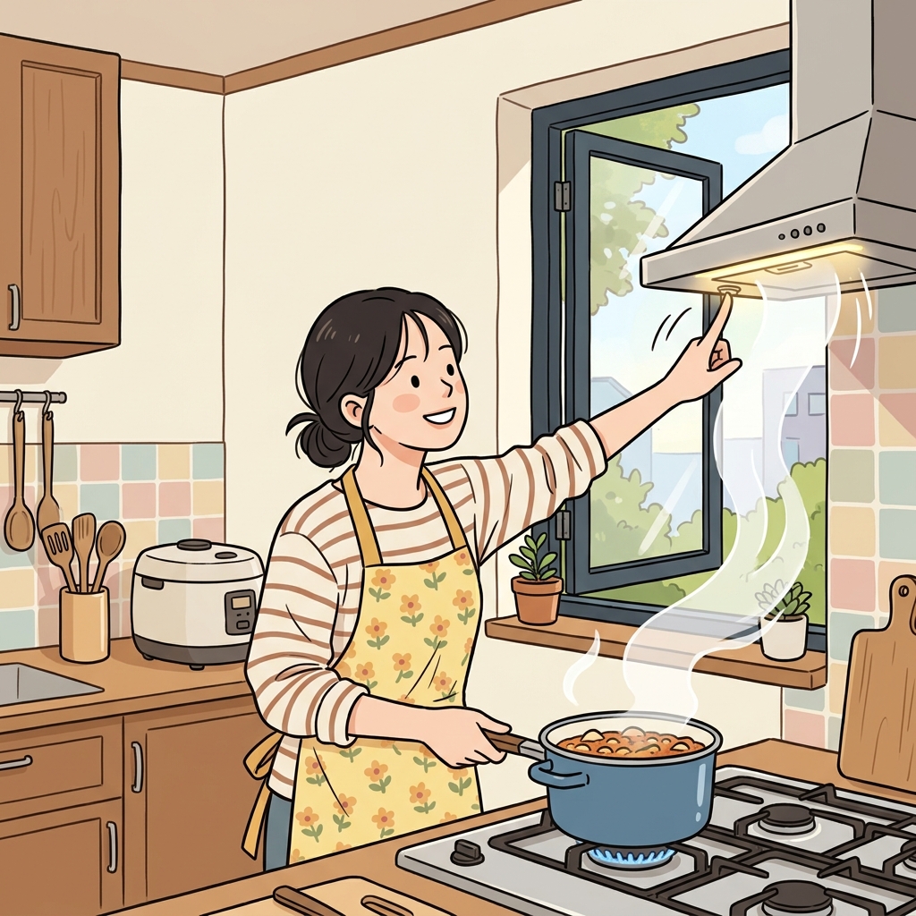 저녁을 요리하는 동안 부엌에는 더 나은 환기가 필요했다. (환풍구(vent)를 열어 공기를 바꾼다)