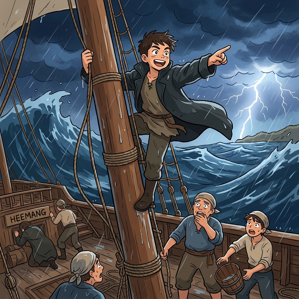The venturesome sailor climbed the mast during the raging storm to spot land.