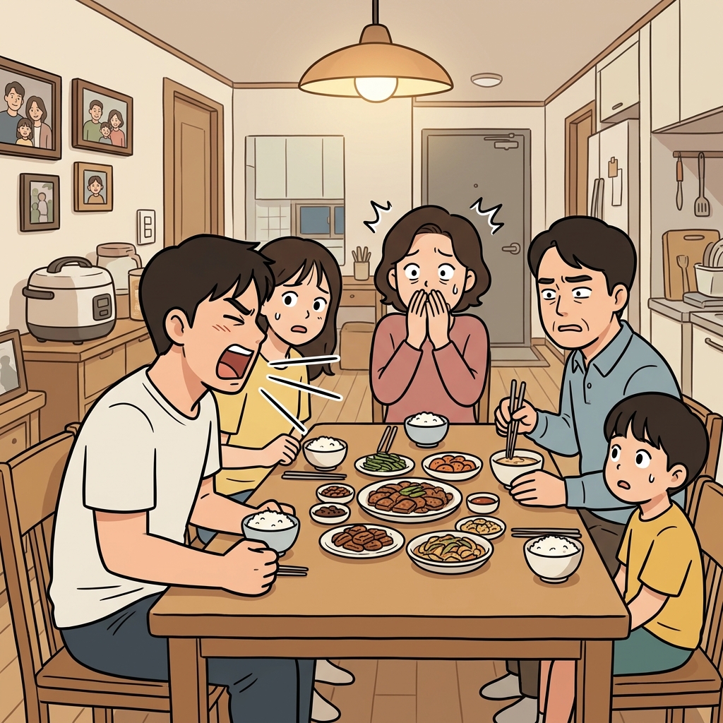 At the table, the boy gave a verbal complaint about the herbal soup.