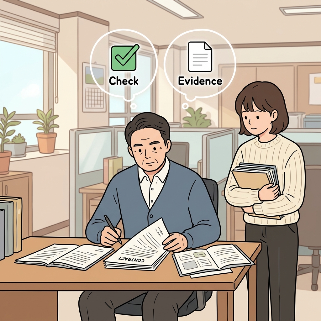 The manager verified every document before signing the contract. (✅ Check + 📄 Evidence → Verify)
