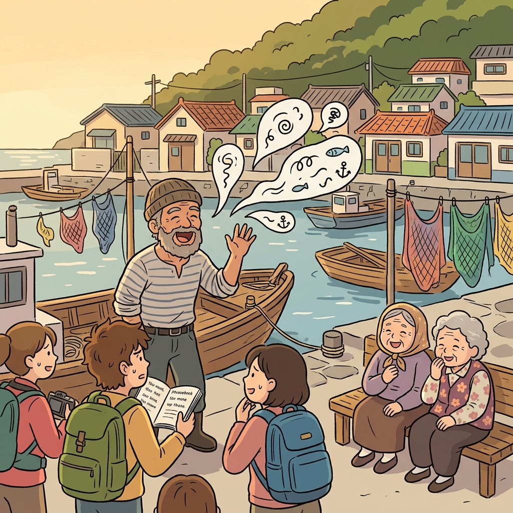 The old fisherman greets tourists in the local vernacular of his coastal village.