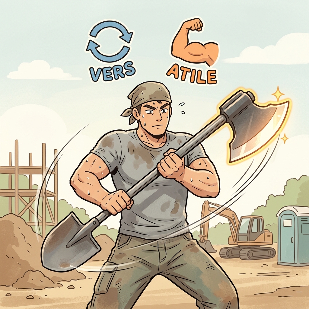 VERS(turn) + ATILE(capable of) — a versatile tool is one you can physically twist and turn to instantly make it capable of a completely different heavy job.