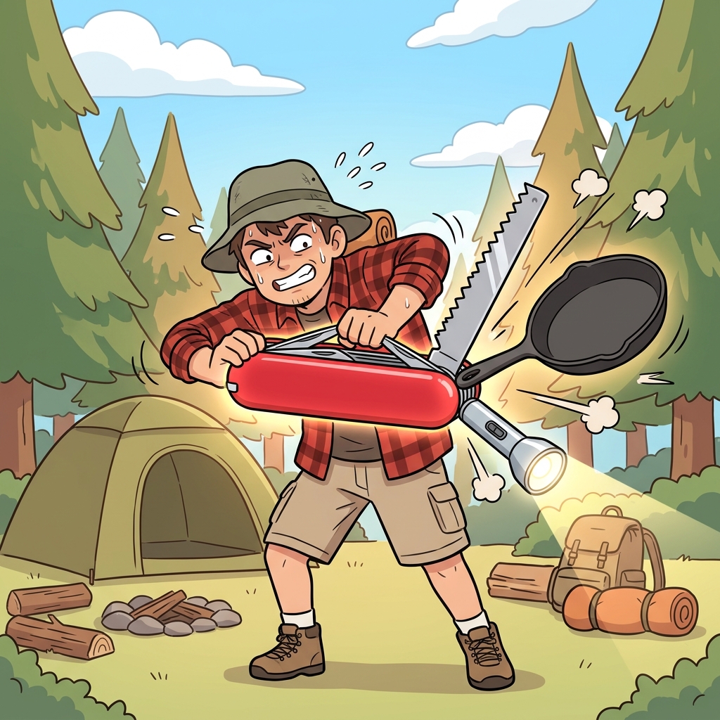 The giant multi-tool demonstrated its incredible versatility by revealing a frying pan, a saw, and a flashlight all at once.