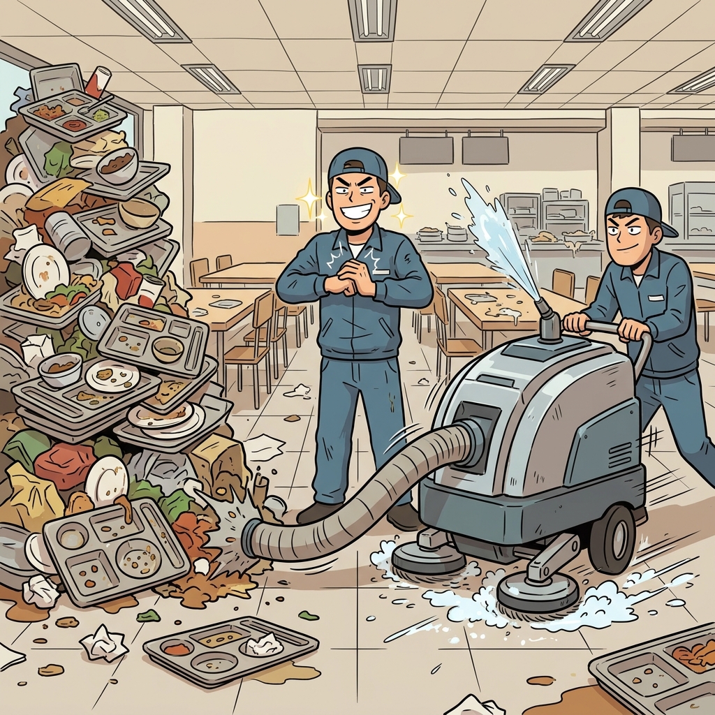 Facing the massive pile of garbage, the janitor smiled confidently, knowing his machine's versatility could handle every cleaning job at once.