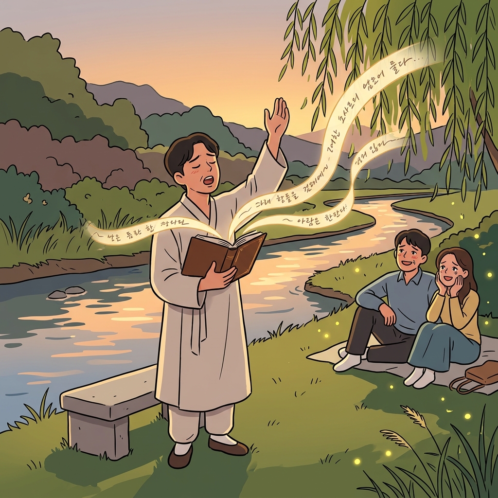 The poet recites a verse under the willow tree at sunset.
