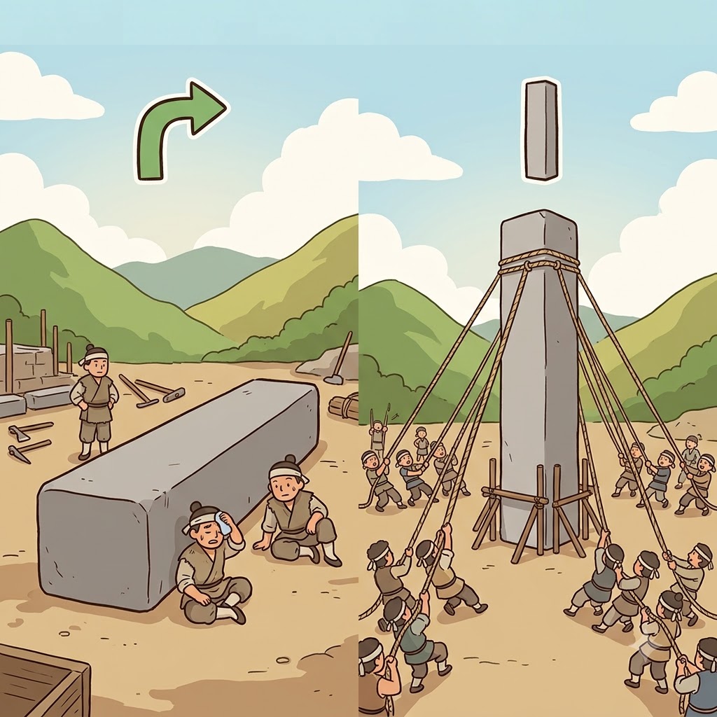 VERT(turn) + ICAL(state) — the workers pulled the ropes to turn(VERT) the flat stone pillar into a towering vertical monument.