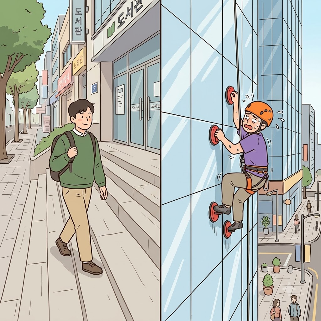 Instead of taking the practical stairs, the foolish climber tried to scale the completely vertical glass building.