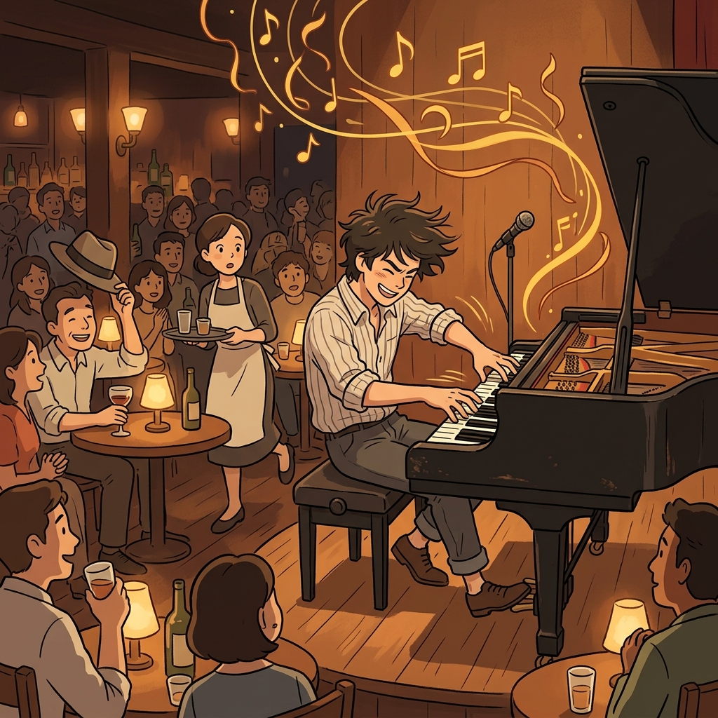 The jazz pianist plays with such verve that the whole club leans forward.