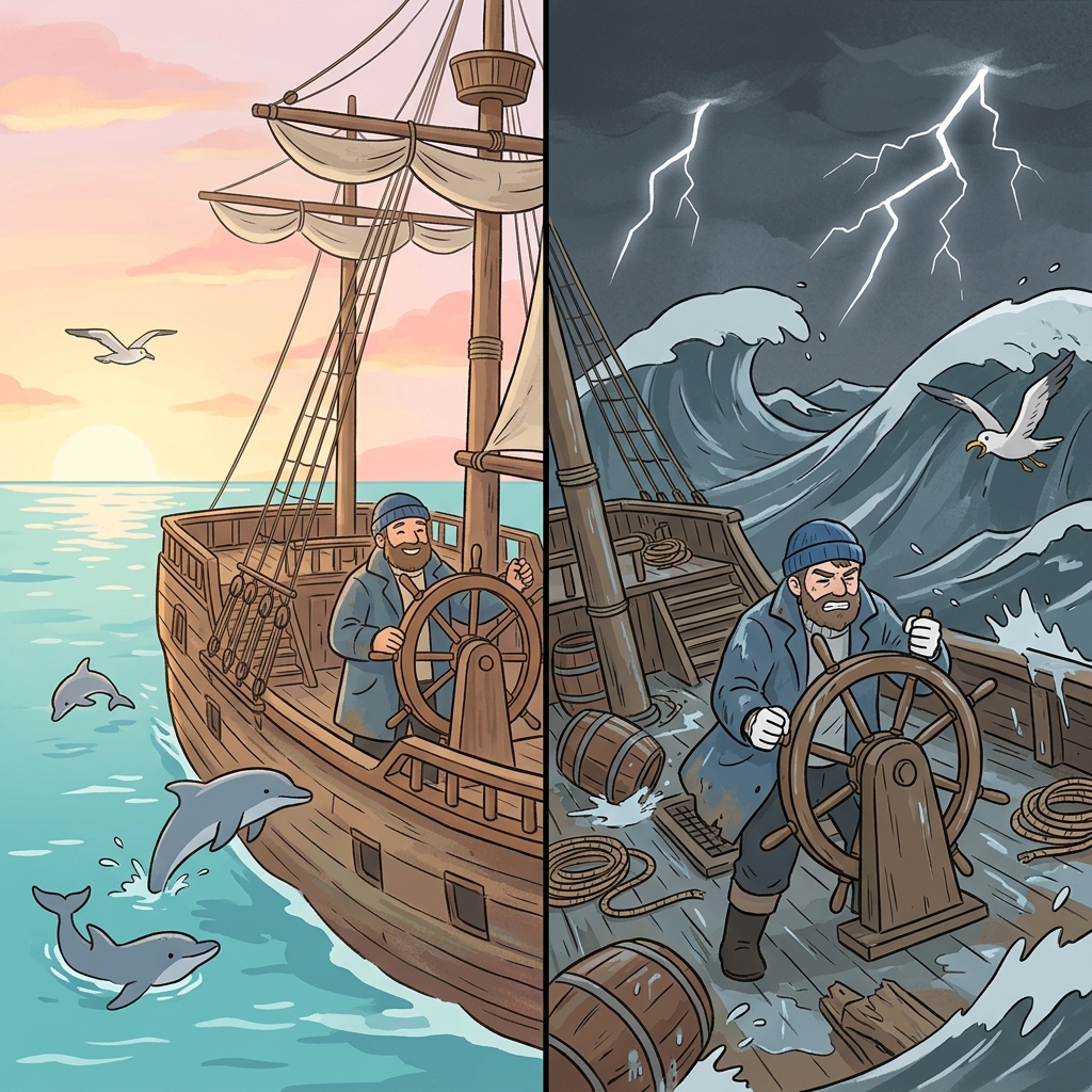 Life's vicissitudes tossed the old sailor from calm seas to raging storms.
