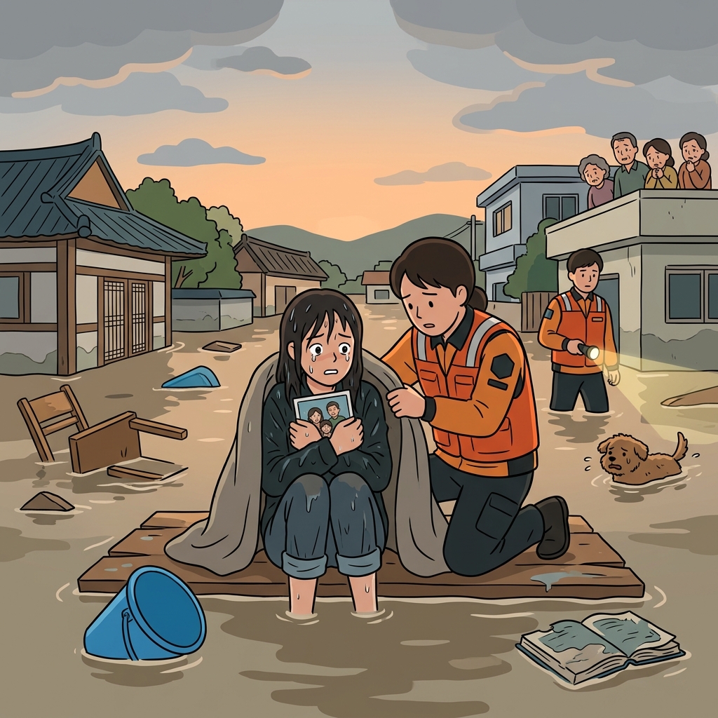 The flood victim clutches a photo as rescuers wrap a blanket around her.