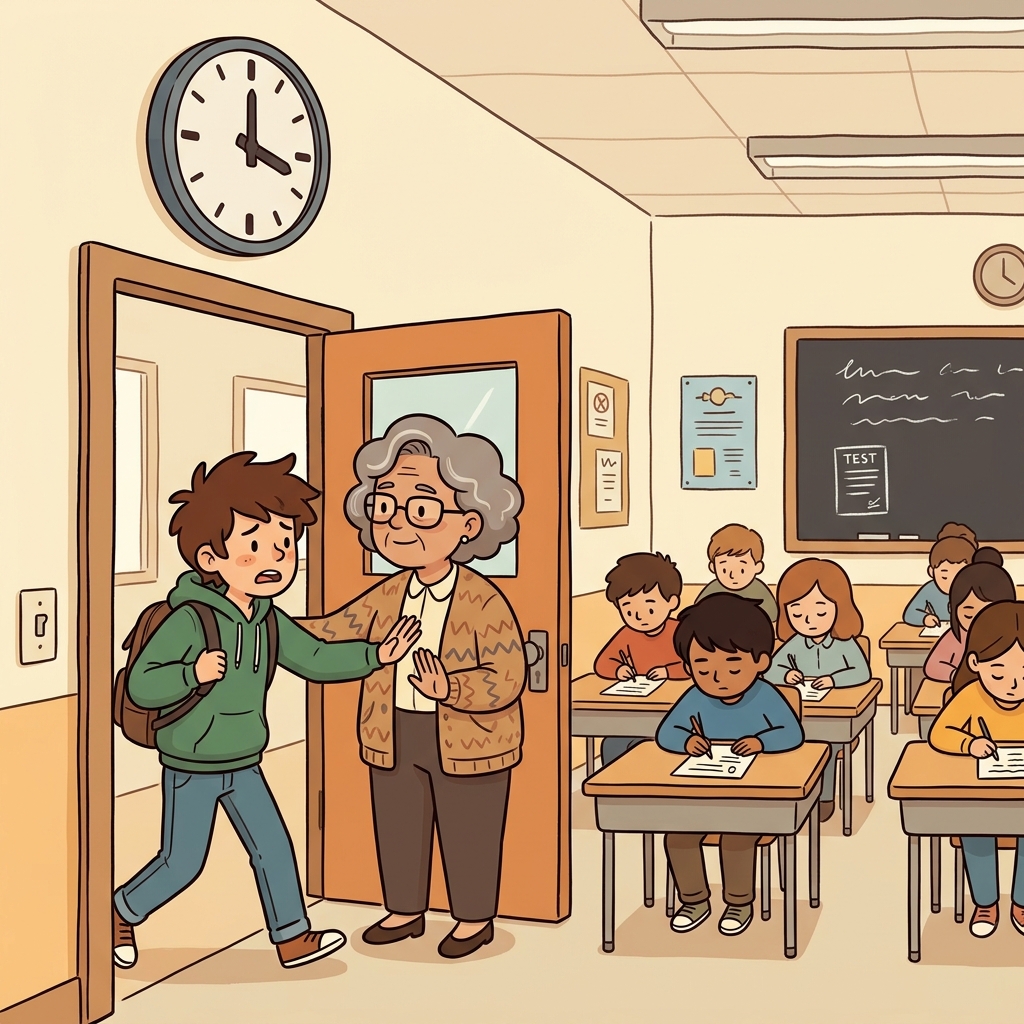 The student was violently late and violated the rule by entering after the exam had started. (VIOLATE → VIOLENTLY LATE)