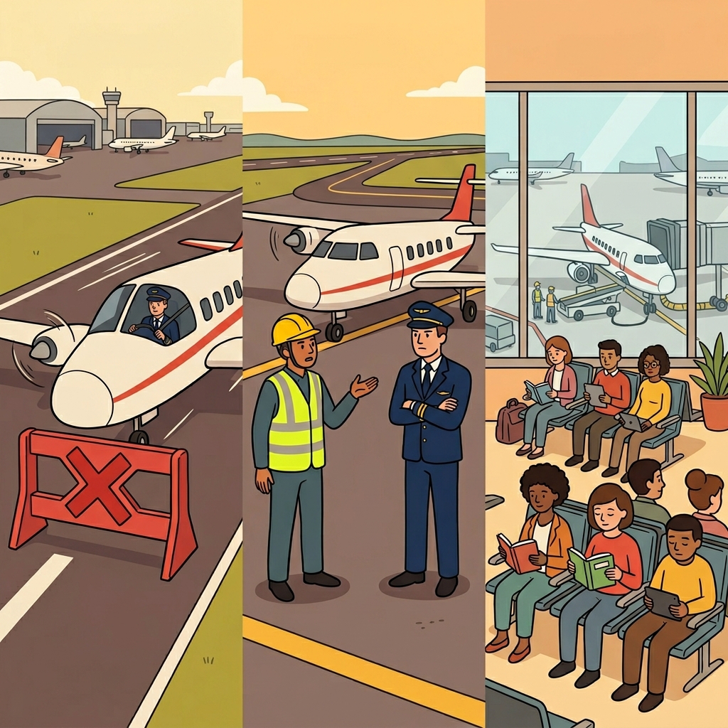The pilot violated a safety rule, so the airport became quiet while everyone waited.