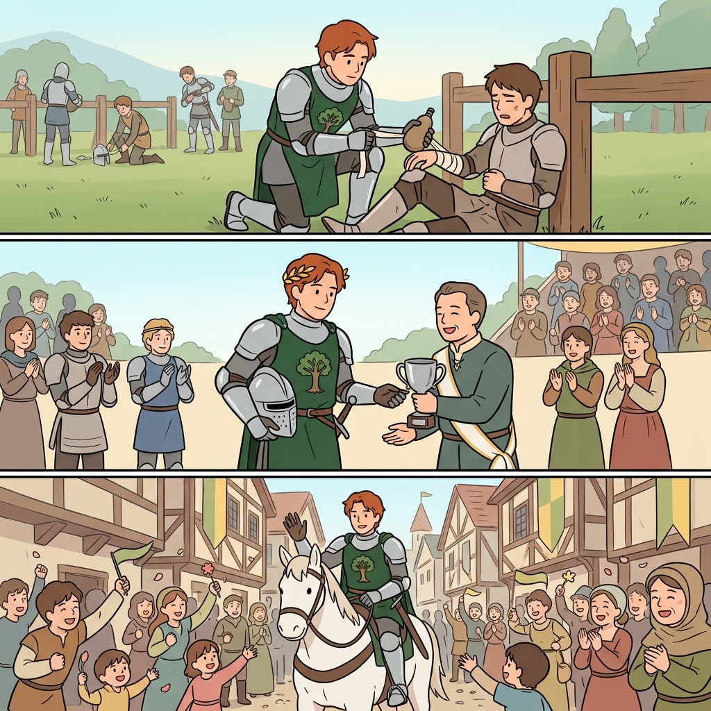 The virtuous knight became victorious and earned a glorious reputation.