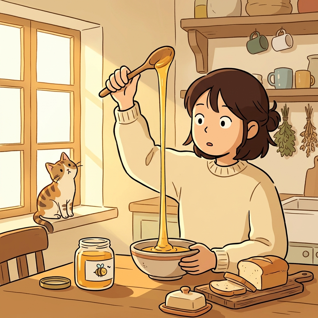 The viscous honey slowly drips from the wooden spoon in golden strands.
