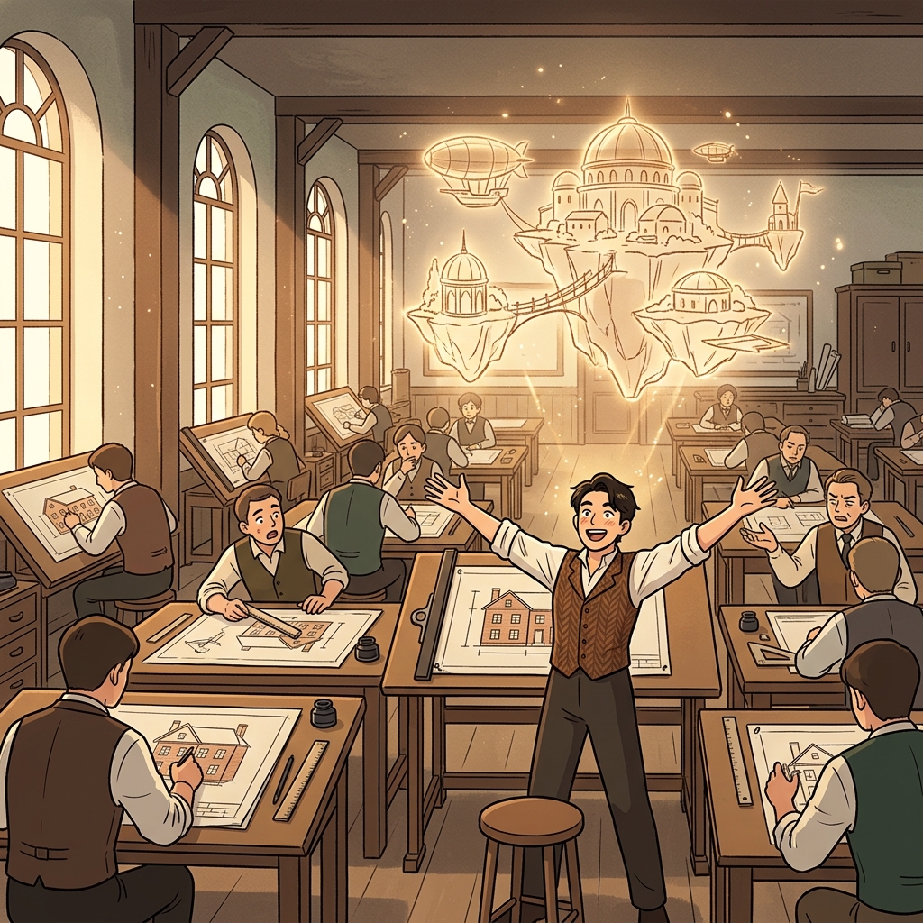 The visionary architect sketches a floating city while others still draw simple houses.