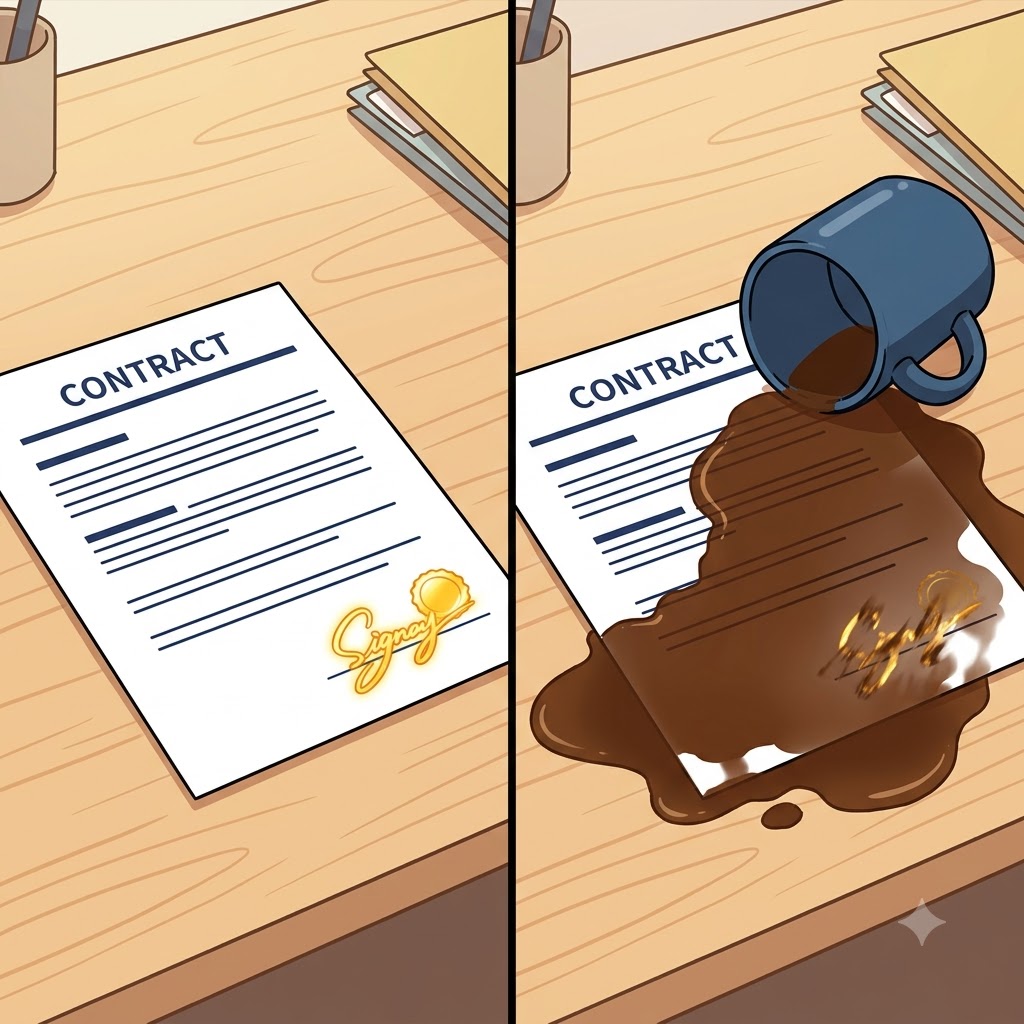 The massive coffee spill managed to completely vitiate the perfectly signed legal contract, making it totally useless.