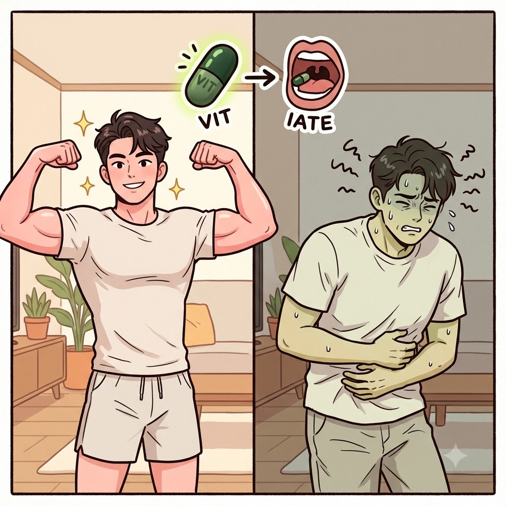 VIT(vitamin) + IATE(ate) — deciding to eat(IATE) the toxic, expired VITamin completely served to vitiate his perfect physical health.