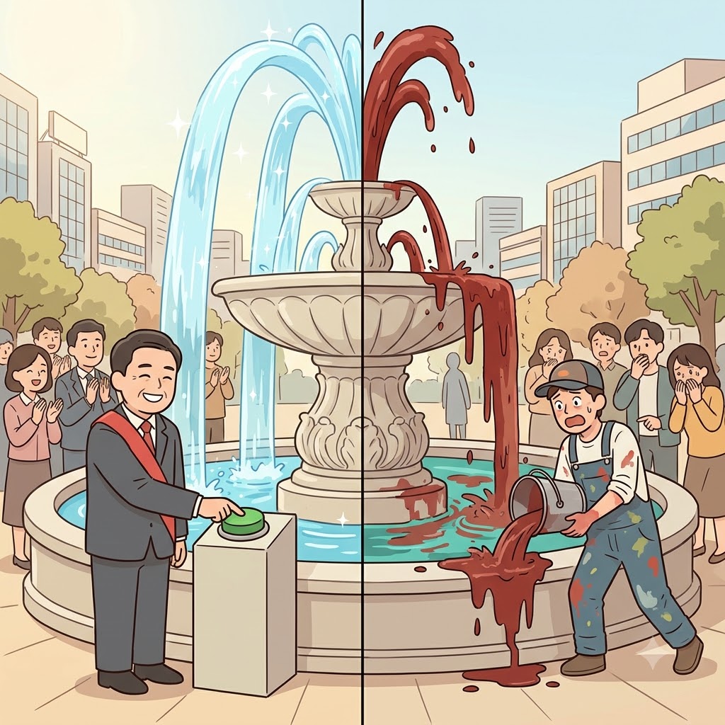 The mayor managed to beautifully initiate the new fountain, but the spilled red paint quickly began to vitiate the clear water.