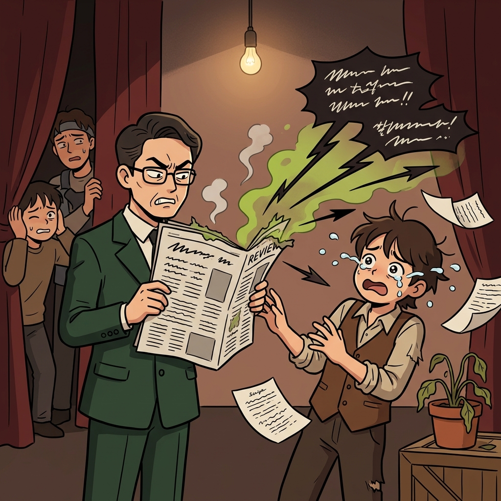 The critic's vitriolic review left the young playwright in tears backstage.