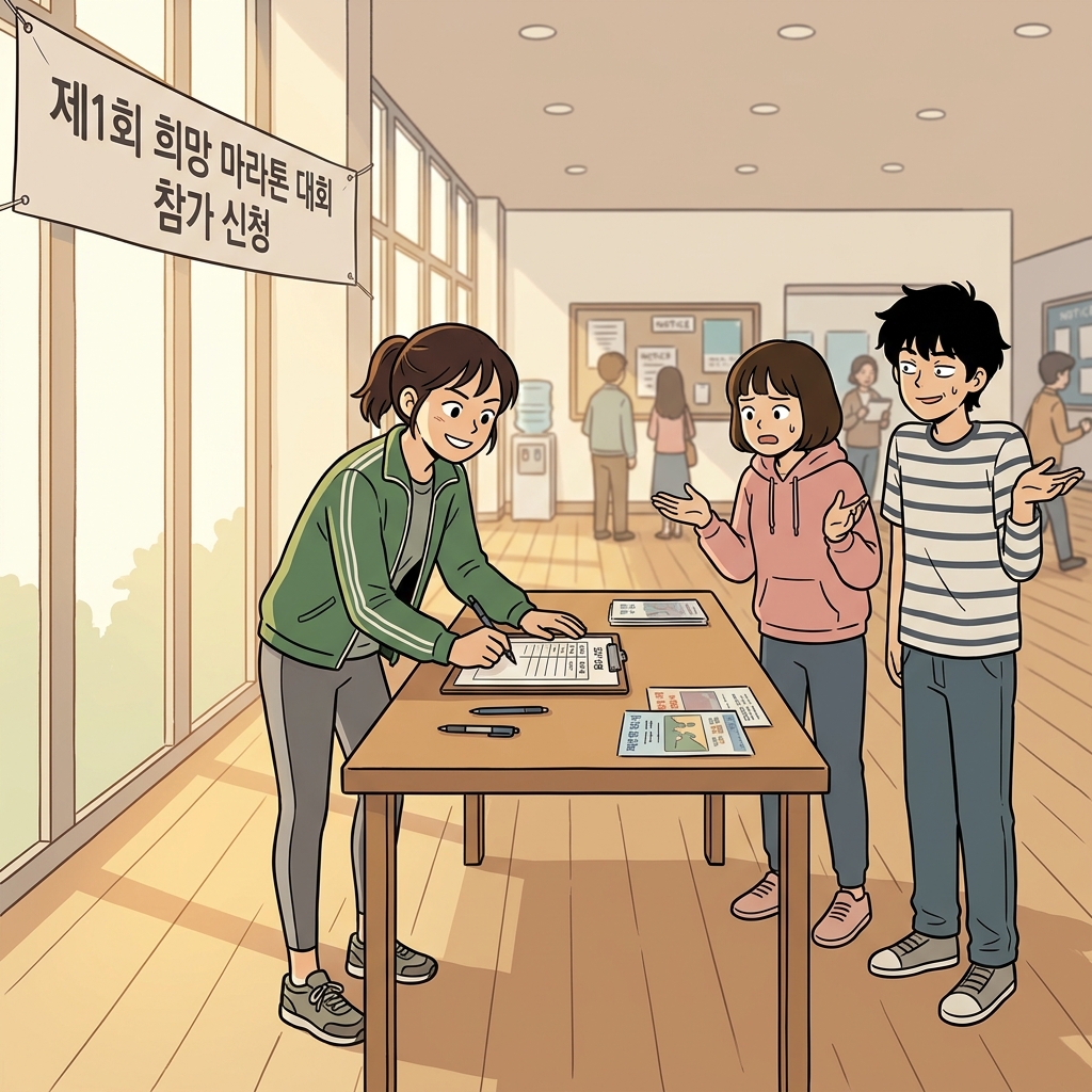 누가 시킨 것도 아닌데 그녀는 스스로 마라톤에 신청했다.