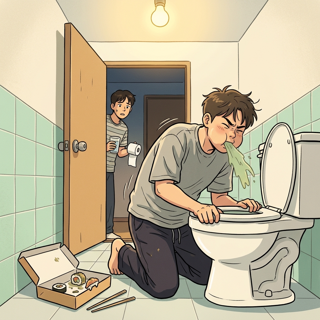 상한 초밥을 먹고 화장실로 달려가 토하기 시작했다.