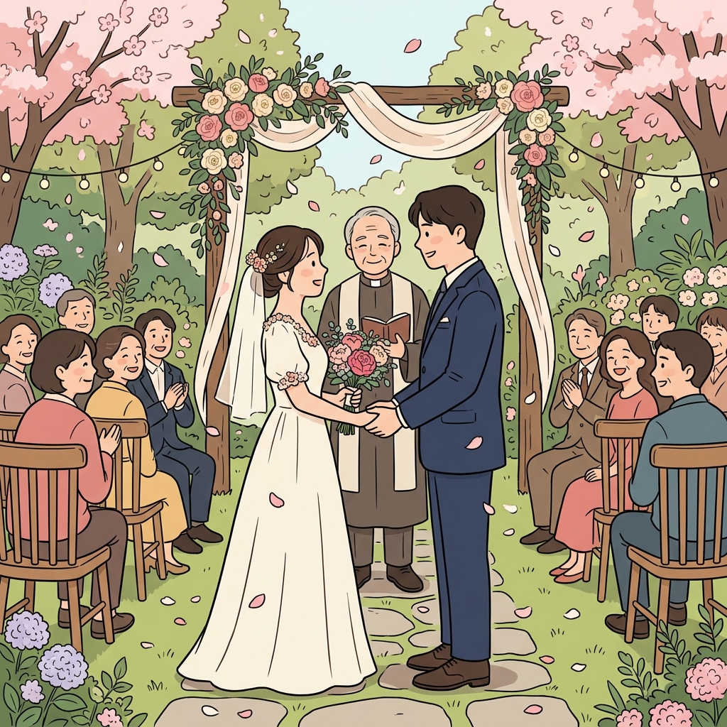 신랑과 신부는 결혼식에서 진심 어린 서약(vows)을 주고받았다.