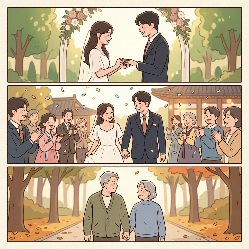 그들은 지금(now) 맹세(vow)를 하고 영원히(forever) 함께하기로 약속했다.