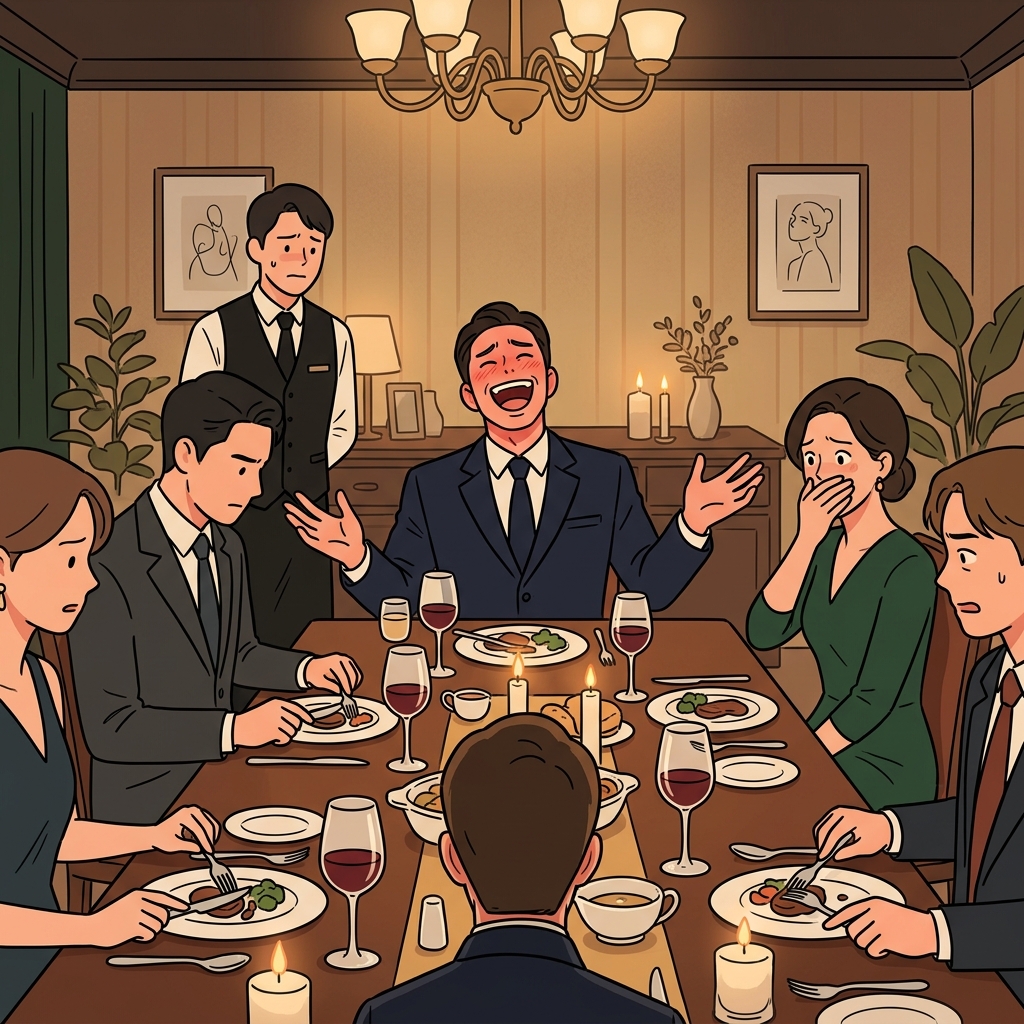 His vulgar joke at dinner made everyone freeze mid-bite.