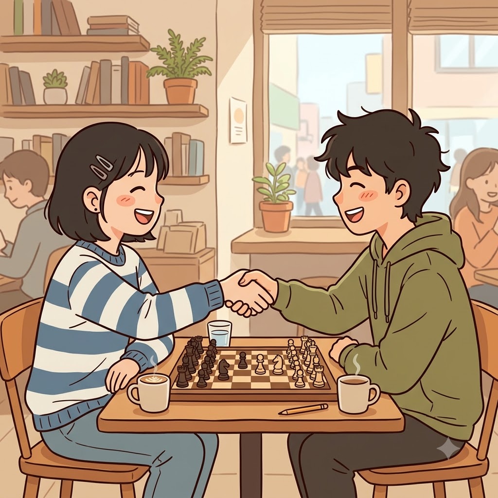 두 친구는 "좋아, 약속!"이라며 악수를 나눈 뒤 즐겁게 내기(wager)를 시작했다.