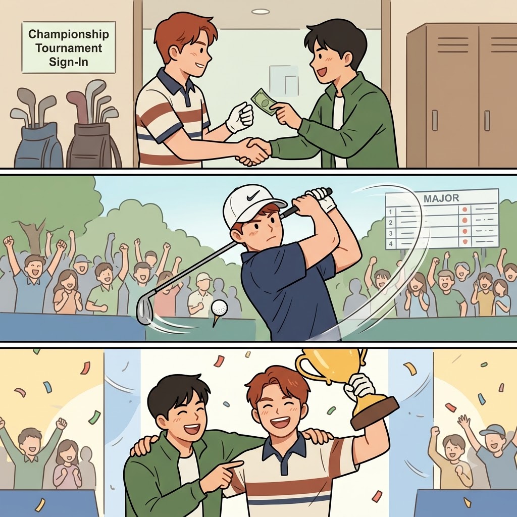 작은 내기(wager)는 메이저(major) 대회의 우승(victory)을 더욱 짜릿하게 만들었다.