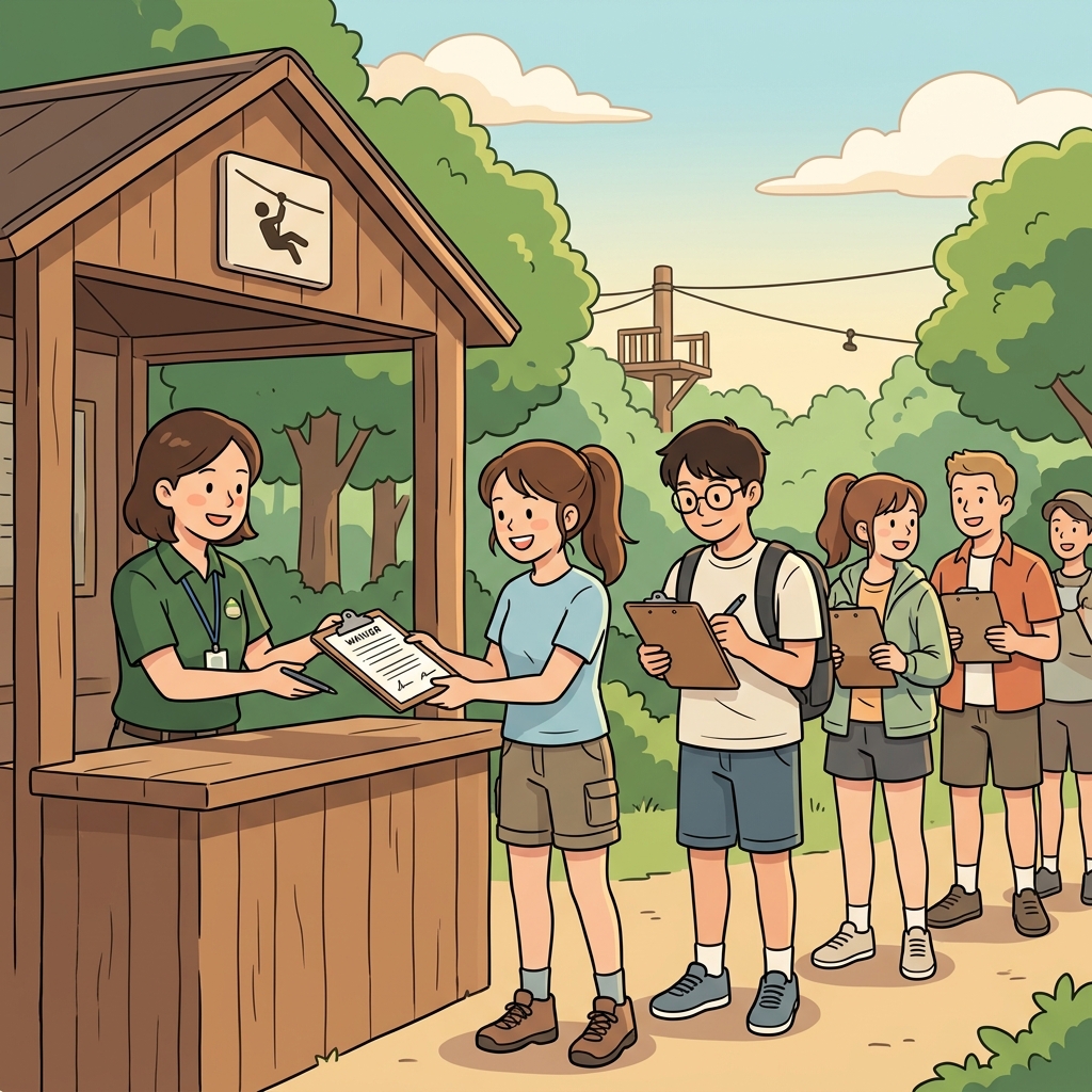 모든 참가자는 모험 투어에 참가하기 전에 면책 동의서(waiver)에 서명했다.