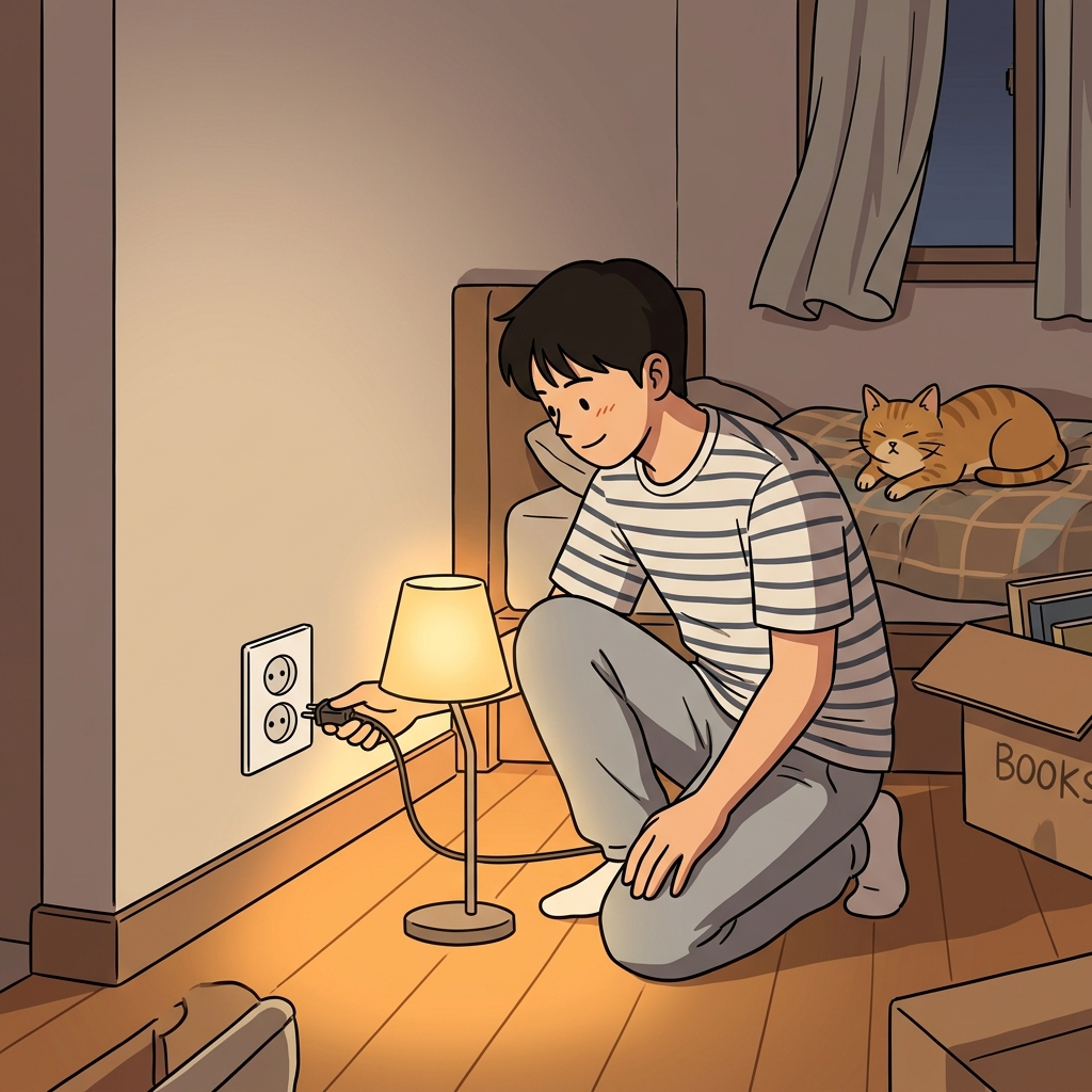벽 콘센트에 스탠드를 꽂으니 방이 환해졌다.