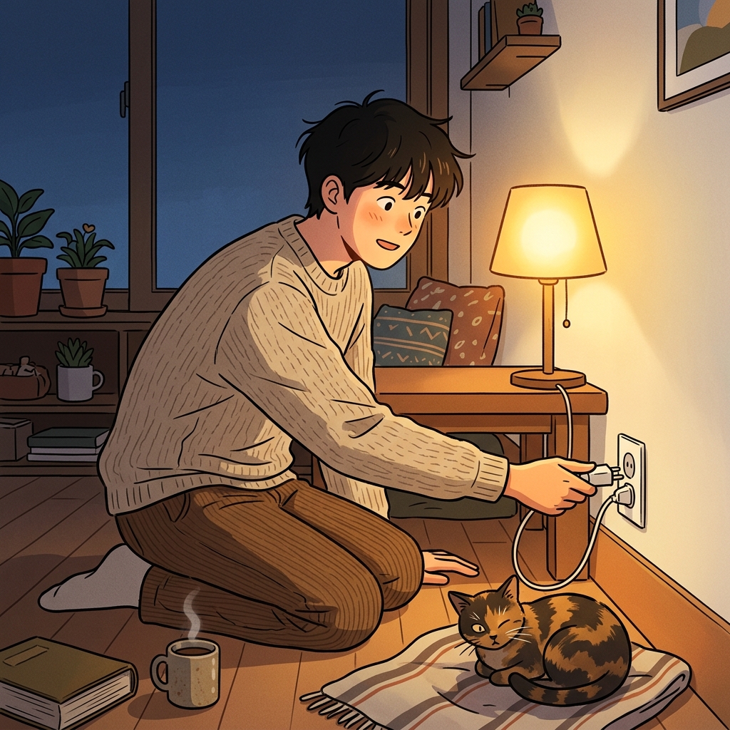 벽 콘센트에 램프를 꽂자 방이 환해졌다.