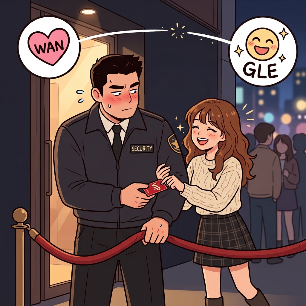 WAN(원하다) + GLE(웃다) — 그녀는 자신이 원하는(WAN) 것을 얻기 위해 꺄르르 웃으며(GLE) 경비원에게서 VIP 패스를 교묘하게 빼냈다(wangle).