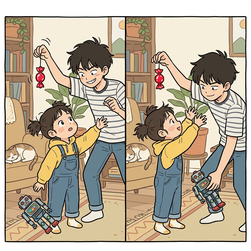 오빠는 반짝이는 사탕을 흔들며(dangle) 여동생에게서 로봇 장난감을 교묘하게 빼앗았다(wangle).