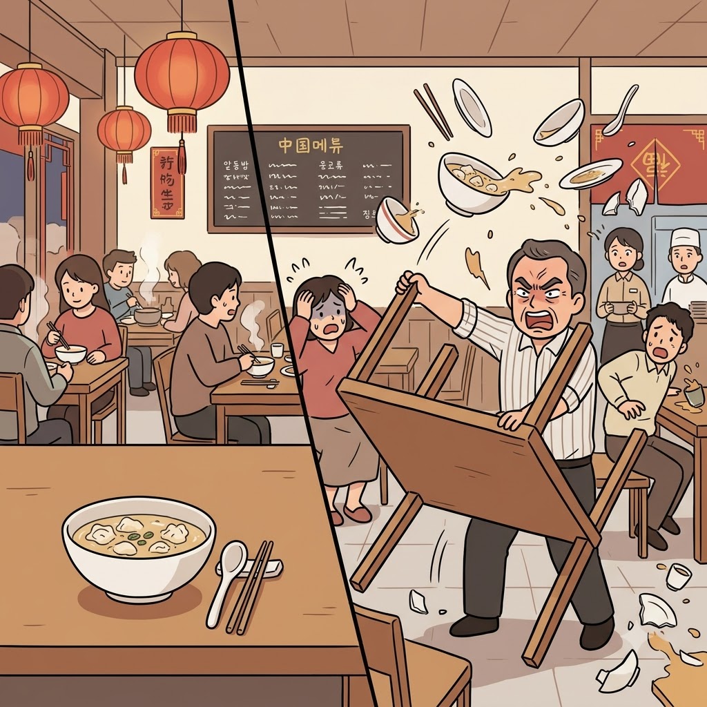 완탕(wonton) 수프가 식었다는 이유만으로, 무례한 손님은 테이블을 엎으며 무자비한(wanton) 난동을 부렸다.