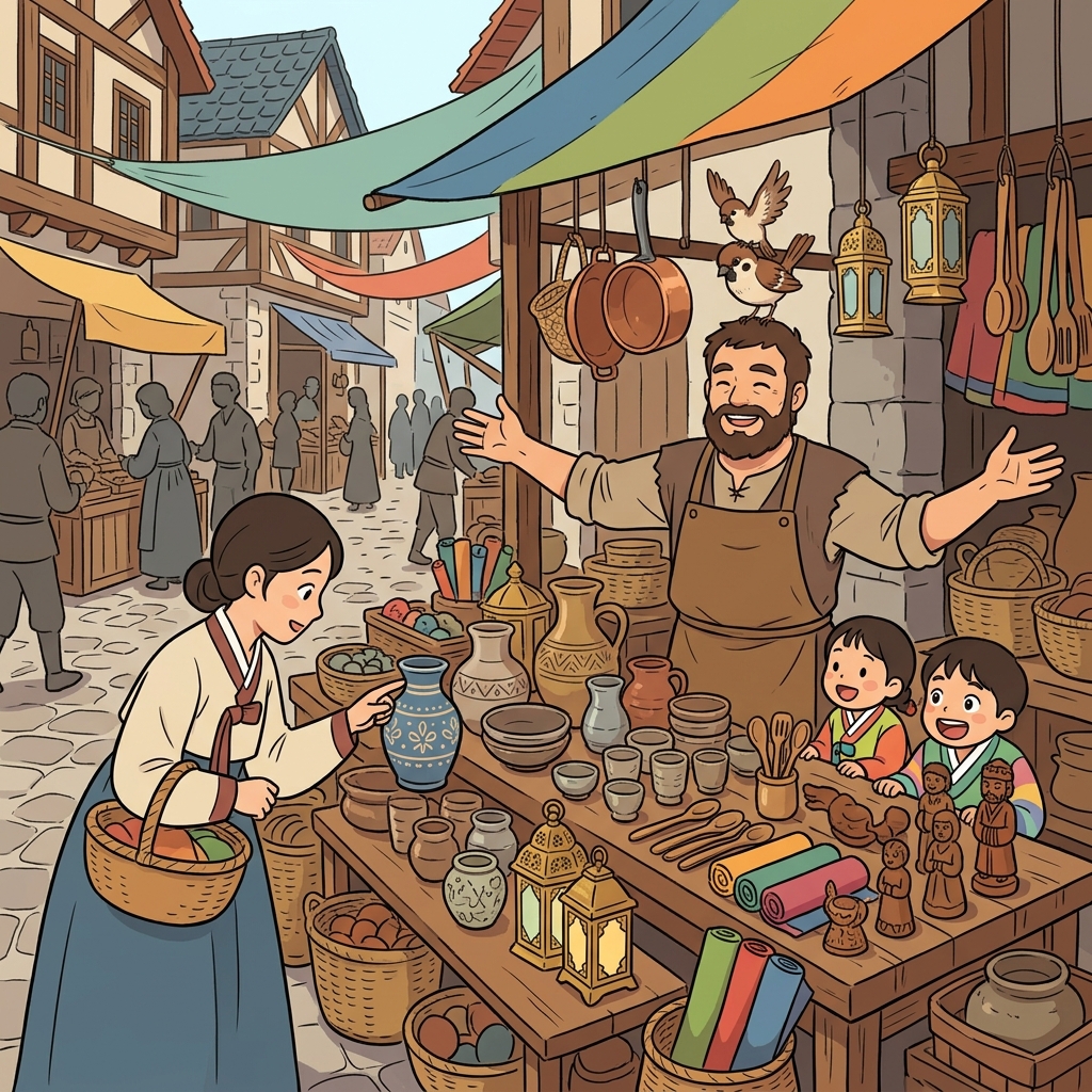 상인이 시장 좌판에 자기 물건을 자랑스럽게 늘어놓고 있다.