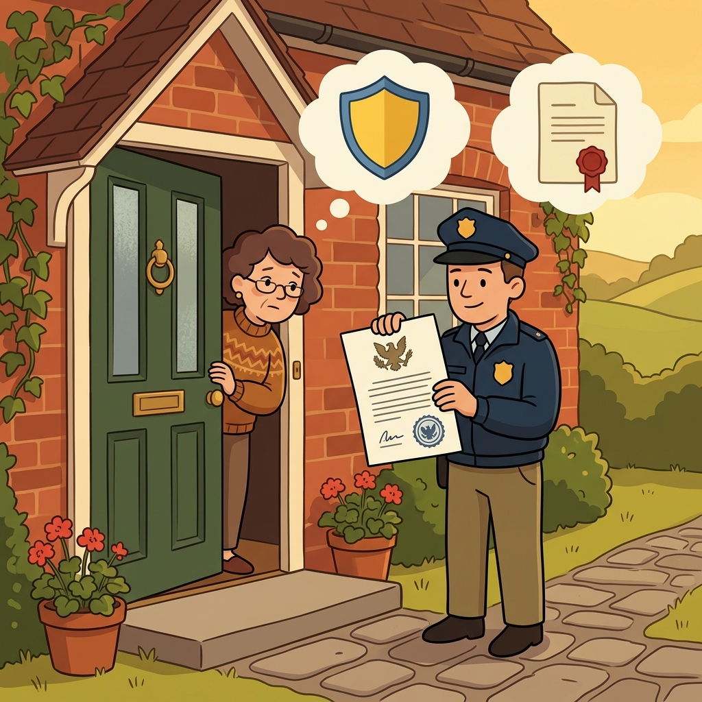 The officer needed a warrant because permission was required before entering the house. (WAR + RENT → even during a war, you need permission before taking someone's house)