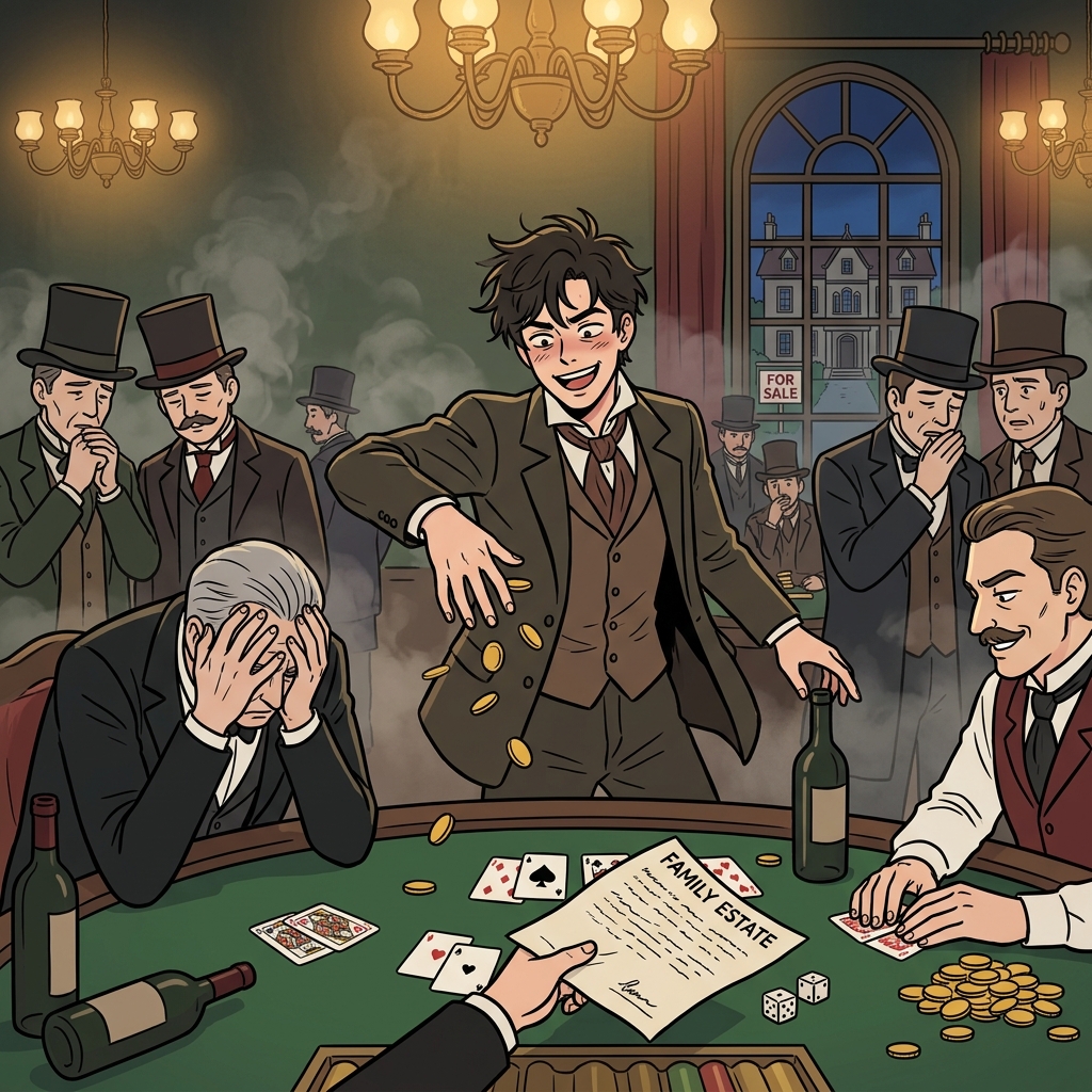 The wastrel gambled away his family's fortune in one reckless night.