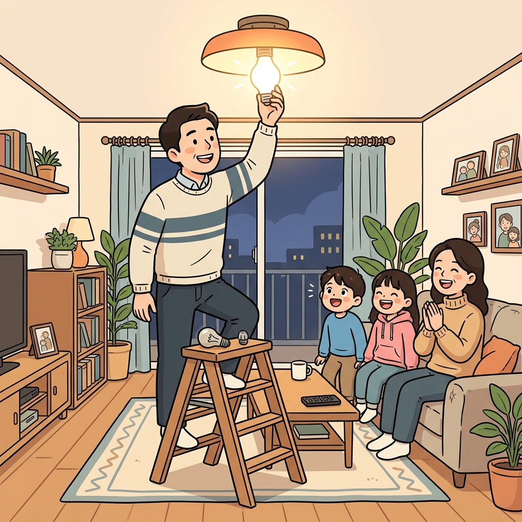 가족은 거실을 더 밝게 만들기 위해 더 높은 와트의 전구로 교체했다. ("와! 더 밝다! 와트를 높였네!")