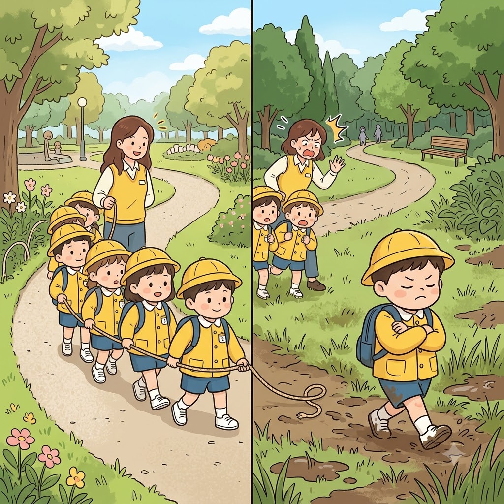While the rest of the class walked perfectly in line, the wayward child stubbornly marched in the complete opposite direction.