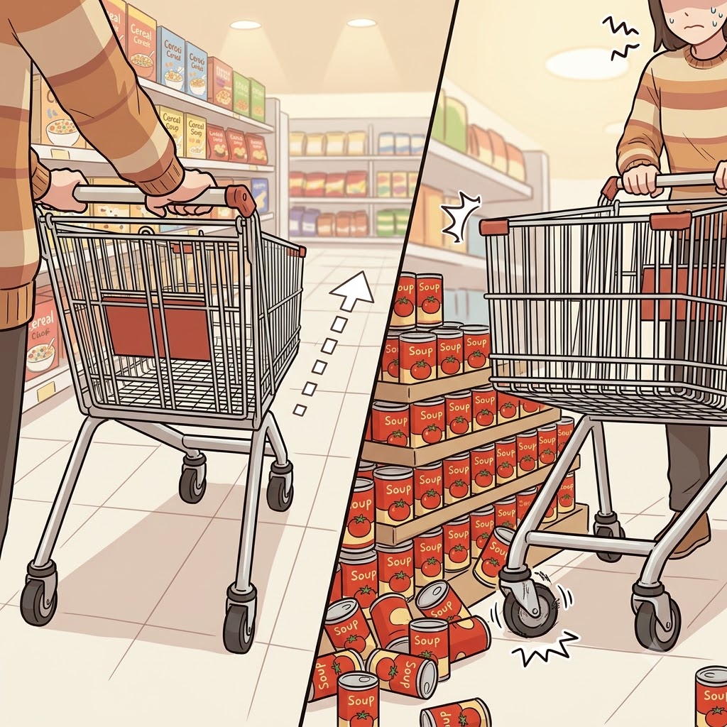 Instead of rolling straight forward, the broken shopping cart wheel took a completely wayward path into the soup display.
