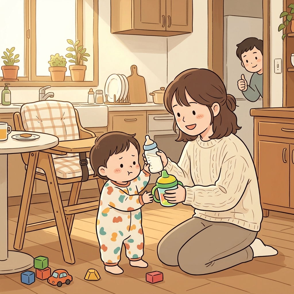 엄마가 아이의 젖병을 떼려고 빨대컵을 살며시 건넨다.