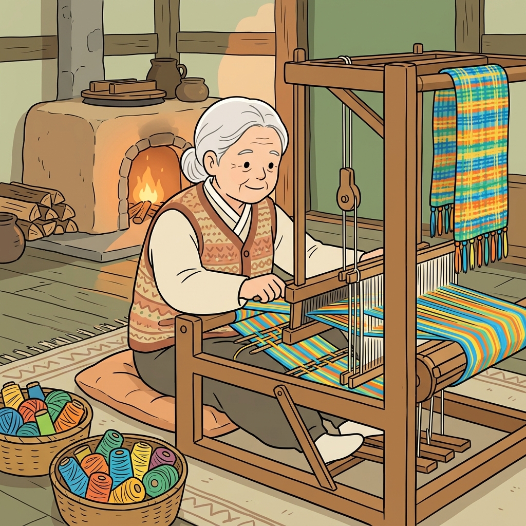 할머니는 매년 겨울마다 알록달록한 목도리를 짰다. ("위브!" → 실을 위로 아래로 엮는다)