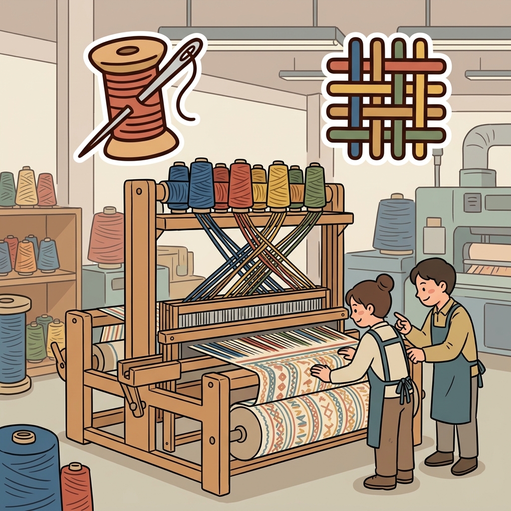 The workers wove soft cotton into strong fabric. (🧵 Threads + 🧺 Interlace → Weave)
