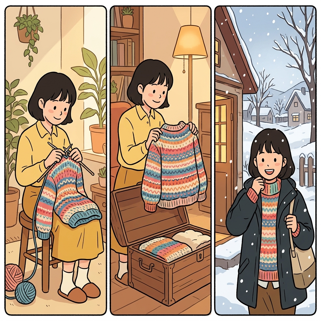 She wove a warm sleeve and retrieved it before winter arrived.