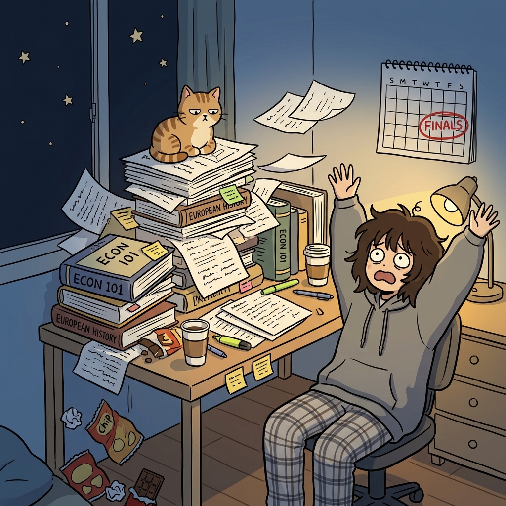 A welter of papers, books, and coffee cups covered the student's desk before finals.