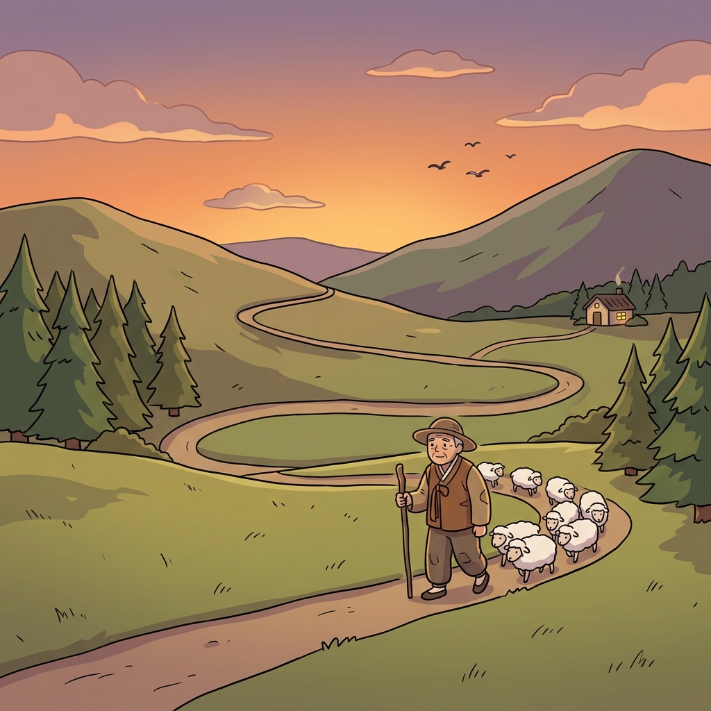 The old shepherd wends his way home through the winding mountain path at dusk.