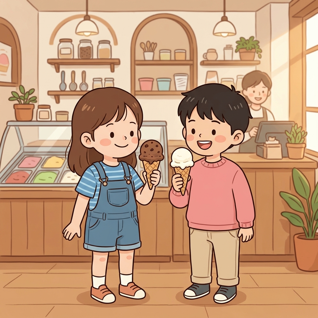 한 아이는 초콜릿을 고른 반면, 다른 아이는 바닐라 아이스크림을 골랐다. ("왜? 얘는?" → 둘을 비교하며 '반면에'를 말한다)